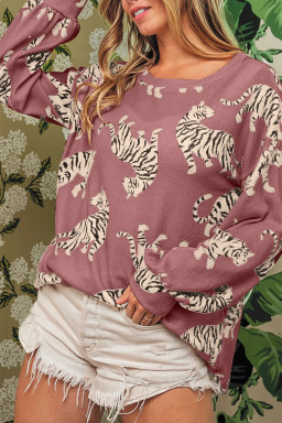 Rose Red Animal Print Drop Sleeve Pullover Sweatshirt
