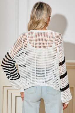 White Striped Lantern Sleeve Hollow Knitted Sweater