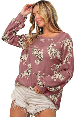 Rose Red Animal Print Drop Sleeve Pullover Sweatshirt