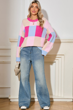 Rose Red Color Block Drop Shoulder Loose Fit Sweater