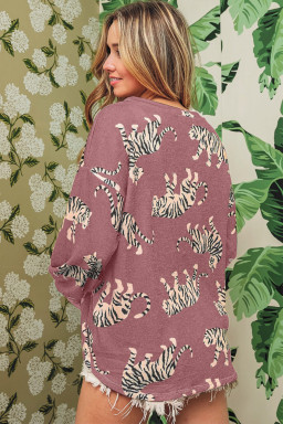 Rose Red Animal Print Drop Sleeve Pullover Sweatshirt