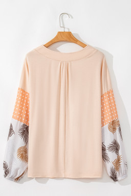 Jet Stream Palm Leaves Polka Dot Patchwork V Neck Loose Top