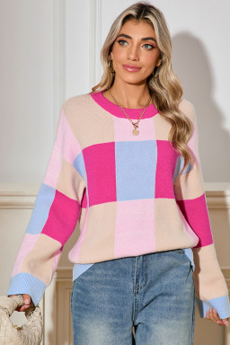 Rose Red Color Block Drop Shoulder Loose Fit Sweater