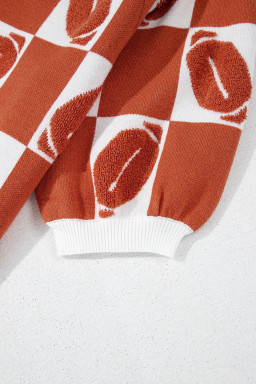 Orange Rugby Checkered Color Block Puff Sleeve Knit Top
