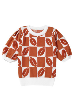 Orange Rugby Checkered Color Block Puff Sleeve Knit Top