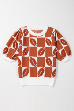 Orange Rugby Checkered Color Block Puff Sleeve Knit Top