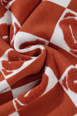 Orange Rugby Checkered Color Block Puff Sleeve Knit Top