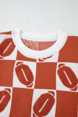 Orange Rugby Checkered Color Block Puff Sleeve Knit Top