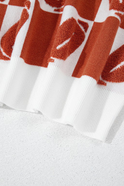 Orange Rugby Checkered Color Block Puff Sleeve Knit Top