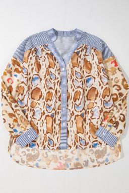 Light French Beige Colorful Leopard Print Striped Patchwork Shirt