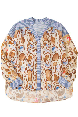 Light French Beige Colorful Leopard Print Striped Patchwork Shirt