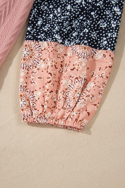 Dusty Pink Floral Patchwork Textured Drawstring V Neck Top