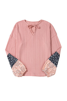 Dusty Pink Floral Patchwork Textured Drawstring V Neck Top