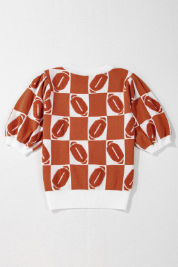 Orange Rugby Checkered Color Block Puff Sleeve Knit Top
