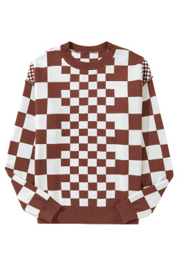 Brown Checkered Drop Shoulder Round Neck Sweater