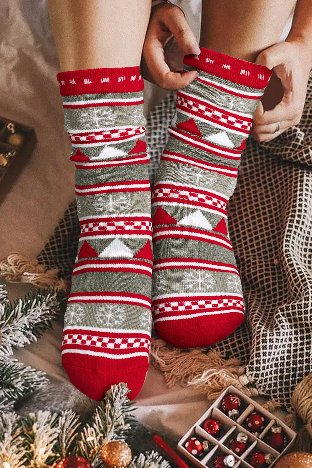 Fiery Red Christmas Snowflake Crew Socks