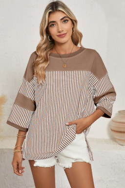 Dark Khaki Striped Patchwork Oversized Tee