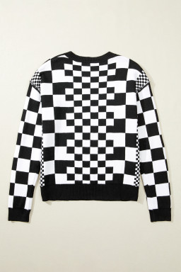 Black Checkered Drop Shoulder Round Neck Sweater
