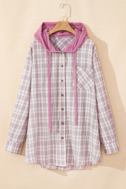 Bonbon Plaid Print Drawstring Hooded Plus Size Shacket