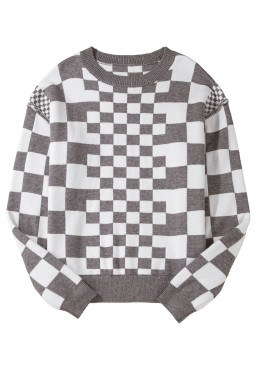 Gray Checkered Drop Shoulder Round Neck Sweater