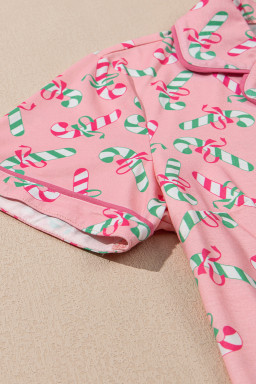 Pink Christmas Candy Cane Print Knotted Pajama Set