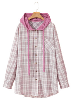 Bonbon Plaid Print Drawstring Hooded Plus Size Shacket