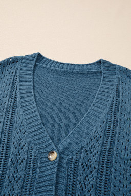 Real Teal Hollow Knit V Neck Button Front Plus Size Cardigan