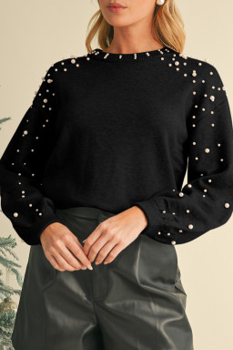 Black Pearl Drop Shoulder Round Neck Sweater