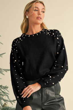 Black Pearl Drop Shoulder Round Neck Sweater