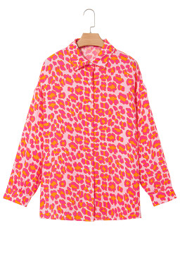 Rose Leopard Print Button-Up Crinkle Shirt
