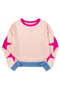 Light Pink Star Patchwork Exposed Seam Oversized Sweatshirt