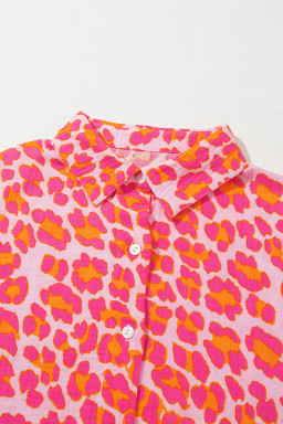 Rose Leopard Print Button-Up Crinkle Shirt