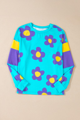 Sky Blue Floral Color Block Long Sleeve Top