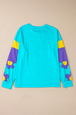 Sky Blue Floral Color Block Long Sleeve Top