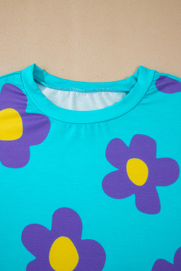 Sky Blue Floral Color Block Long Sleeve Top