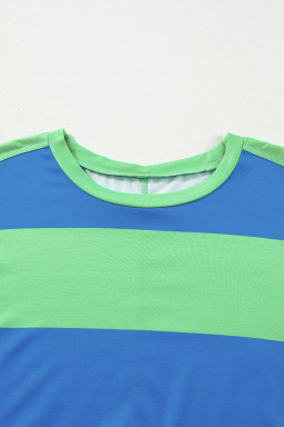 Blue Green Colorblock Drop Sleeve Round Neck Top