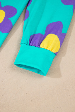 Sky Blue Floral Color Block Long Sleeve Top