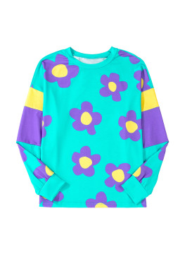 Sky Blue Floral Color Block Long Sleeve Top