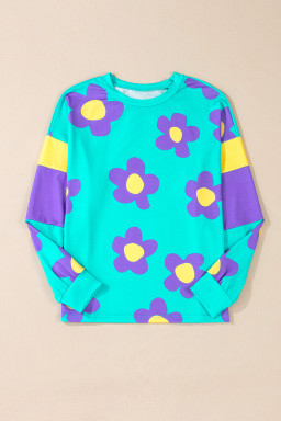 Sky Blue Floral Color Block Long Sleeve Top