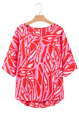 Red Abstract Print V Neck Batwing Sleeve Oversized Blouse