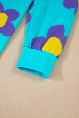 Sky Blue Floral Color Block Long Sleeve Top