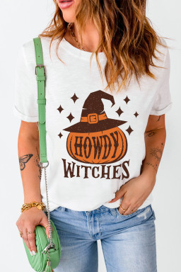 White HOWDY WITCHES Halloween Graphic Crew Neck Tee
