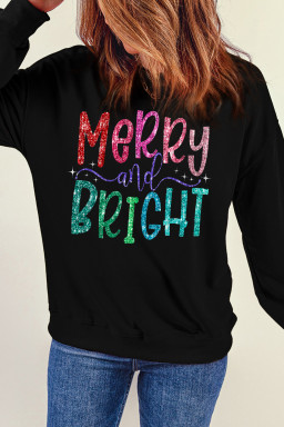 Black Merry and Bright Heat Transfer Printing Graphic Christmas Pullover Sweatshirt