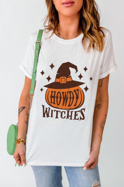 White HOWDY WITCHES Halloween Graphic Crew Neck Tee