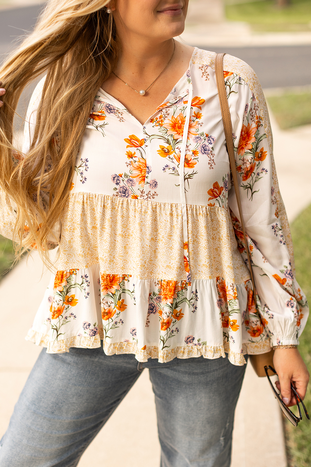 Plus Size V Neck Button Floral Print Loose Blouse