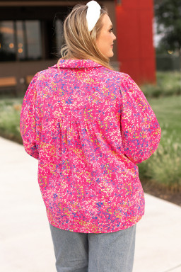 Purple Abstract Print Puff Sleeve V Neck Plus Size Blouse