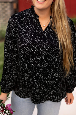 Black Plus Size Leopard Print Frill Notch V Neck Blouse