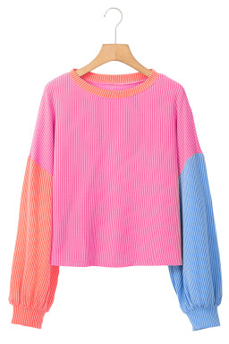 Rose Red Corded Colorblock Patchwork Long Sleeve Top