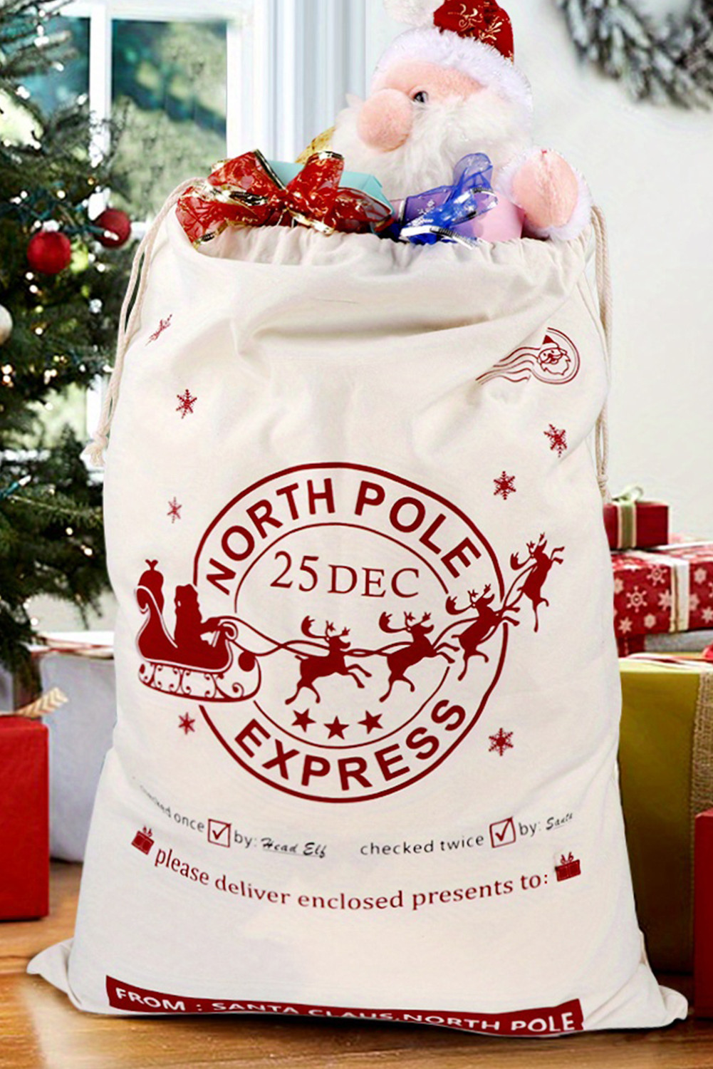 White Reindeer Drawstring Closure Christmas Party Favor Gift Bag