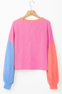 Rose Red Corded Colorblock Patchwork Long Sleeve Top